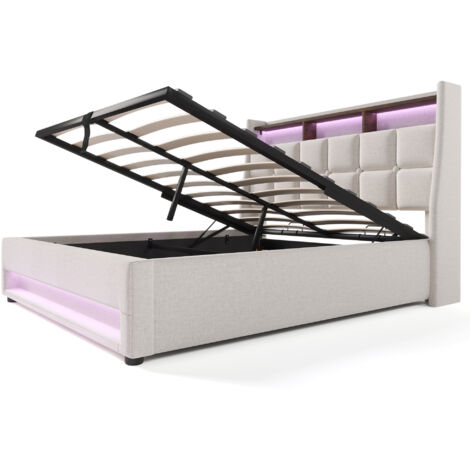 Somier de láminas metálico de 160 x 200 cm, cama doble tapizada en beige, estación de carga con puerto USB, apto para camas de adolescentes (colchón no incluido).