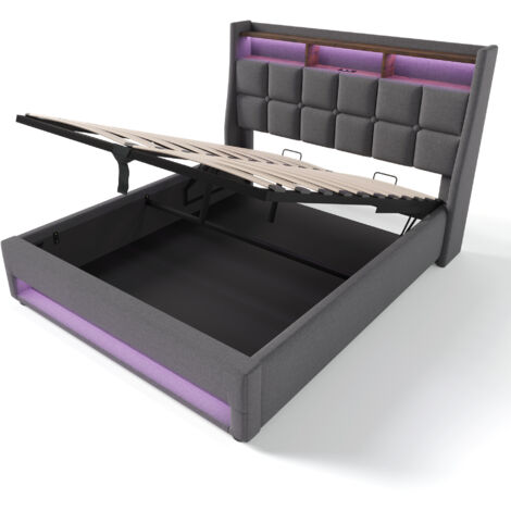 Somier de láminas metálico de 180 x 200 cm, cama doble tapizada en gris, estación de carga con puerto USB, apto para camas de adolescentes (colchón no incluido).