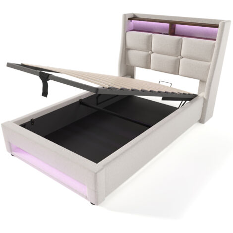 Somier de láminas metálico de 90 x 200 cm, cama individual tapizada en beige, estación de carga con puerto USB, apto para camas de adolescentes (colchón no incluido).