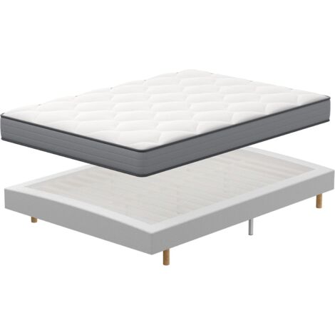 Sommier 140x190 Ensemble DEWINNER, Matelas à mémoire de Forme et Ressorts+Sommiers à Lattes avec 9 Pieds pour Adulte, 2x14 Lattes (140x190x20 cm)