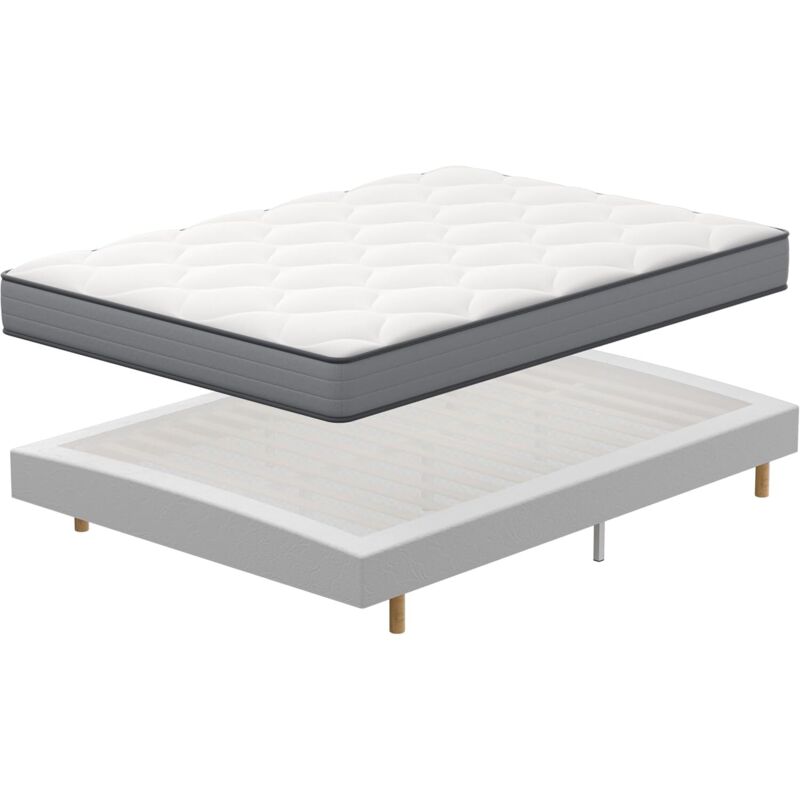 Sommier 160x200 Ensemble DEWINNER, Matelas à mémoire de Forme et Ressorts+Sommiers à Lattes avec 9 Pieds pour Adulte, 2x14 Lattes (160x200x20 cm)