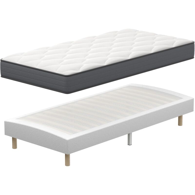 Sommier 90x190 Ensemble DEWINNER, Matelas à mémoire de Forme et Ressorts+Sommiers à Lattes avec 6 Pieds pour Adulte, 1x14 Lattes (90x190x20 cm)