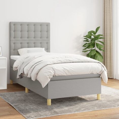 Sommier à Lattes avec Matelas Tissu 90x200 cm - Gris Clair, Tête de Lit Réglable et Surmatelas Doux Inclus