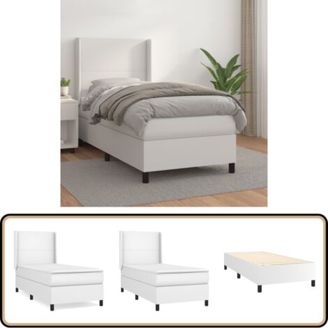 Sommier à lattes de lit avec matelas Blanc 100x200cm Similicuir - Lit Plateforme - Lit Double - Literie Blanche - Tête De Lit Ajustable - Matelas À Ressorts Ensachés