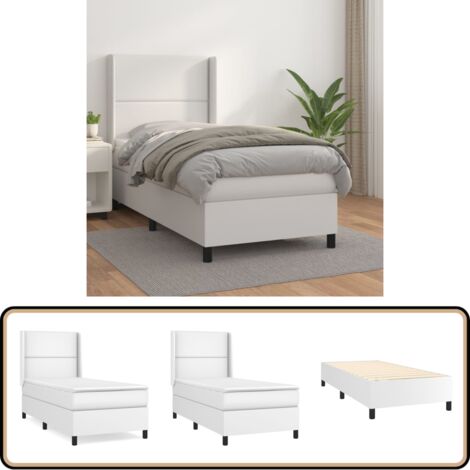 Sommier à lattes de lit avec matelas Blanc 100x200cm Similicuir - Lit Plateforme - Lit Double - Literie Blanche - Tête De Lit Ajustable - Matelas Ressorts Ensachés