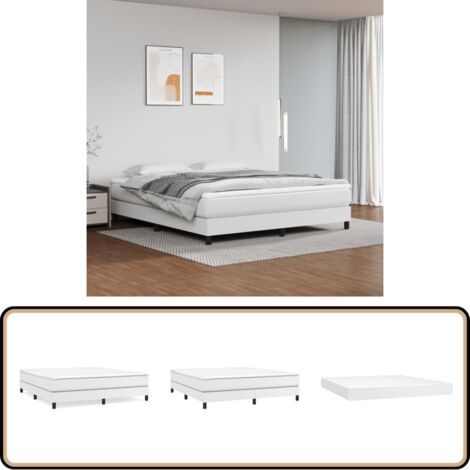 Sommier à lattes de lit avec matelas Blanc 160x200cm Similicuir - Lit Double - Lit Tapissier - Matelas À Ressorts Ensachés - Simili Cuir - Literie