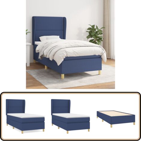 Sommier à lattes de lit avec matelas Bleu 100x200 cm Tissu - Lit Plateforme - Lit Double - Literie - Matelas Ressorts Ensachés - Têtière Ajustable