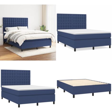 Sommier à lattes de lit avec matelas Bleu 140x190 cm Tissu - Lit Double - Lit Tapissier - Literie - Matelas Ressorts Ensachés - Tête De Lit Ajustable - Home & Living