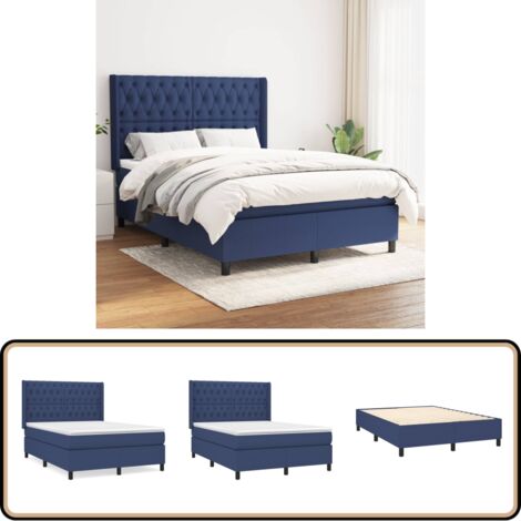 Sommier à lattes de lit avec matelas Bleu 140x190 cm Tissu - Lit Plateforme - Lit Double - Literie - Matelas Ressorts Ensachés - Têtière Ajustable
