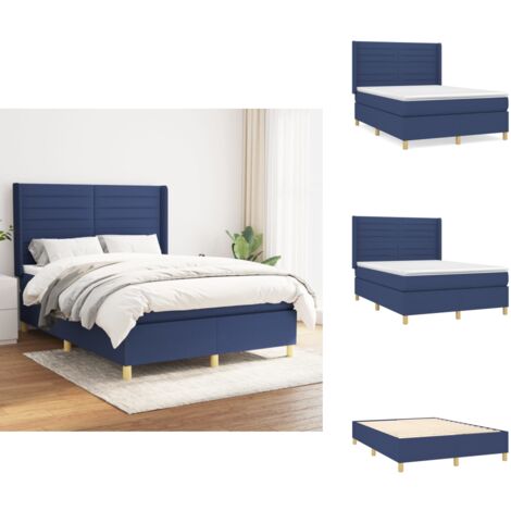 Sommier à lattes de lit avec matelas Bleu 140x190 cm Tissu - Lit Plateforme - Lit Double - Matelas Ressorts Ensachés - Têtière Ajustable - Literie