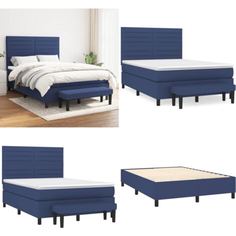 Sommier à lattes de lit avec matelas Bleu 140x200 cm Tissu - Lit Double - Lit Plateforme - Matelas Ressorts Ensachés - Têtière Ajustable - Banc Rangement - Home & Living