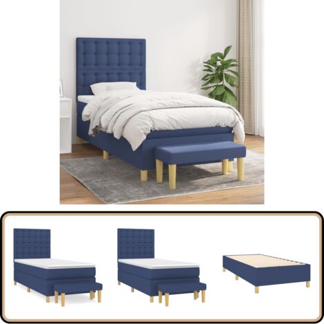 Sommier à lattes de lit avec matelas Bleu 90x190 cm Tissu - Lit Plateforme - Lit Double - Lit Bleu - Matelas Ressorts Ensachés - Têted Lit Ajustable