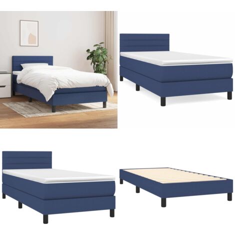 Sommier à lattes de lit avec matelas Bleu 90x190 cm Tissu - Lit Plateforme - Lit Double - Literie - Matelas Ressorts Ensachés - Têted Lit Ajustable - Home & Living
