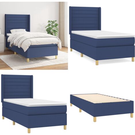 Sommier à lattes de lit avec matelas Bleu 90x190 cm Tissu - Lit Plateforme - Lit Tapissier - Literie - Matelas Ressorts Ensachés - Tête De Lit Ajustable - Home & Living