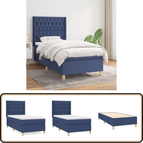 Sommier à lattes de lit avec matelas Bleu 90x200 cm Tissu - Lit Plateforme - Lit Double - Literie - Matelas Ressorts Ensachés - Têtière Ajustable