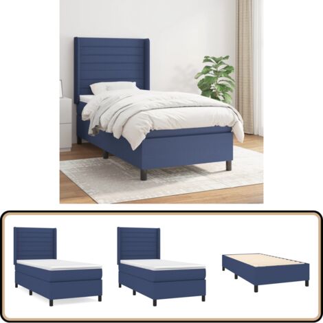 Sommier à lattes de lit avec matelas Bleu 90x200 cm Tissu - Lit Plateforme - Lit Tapissier - Literie - Matelas Ressorts Ensachés - Tête De Lit Ajustable