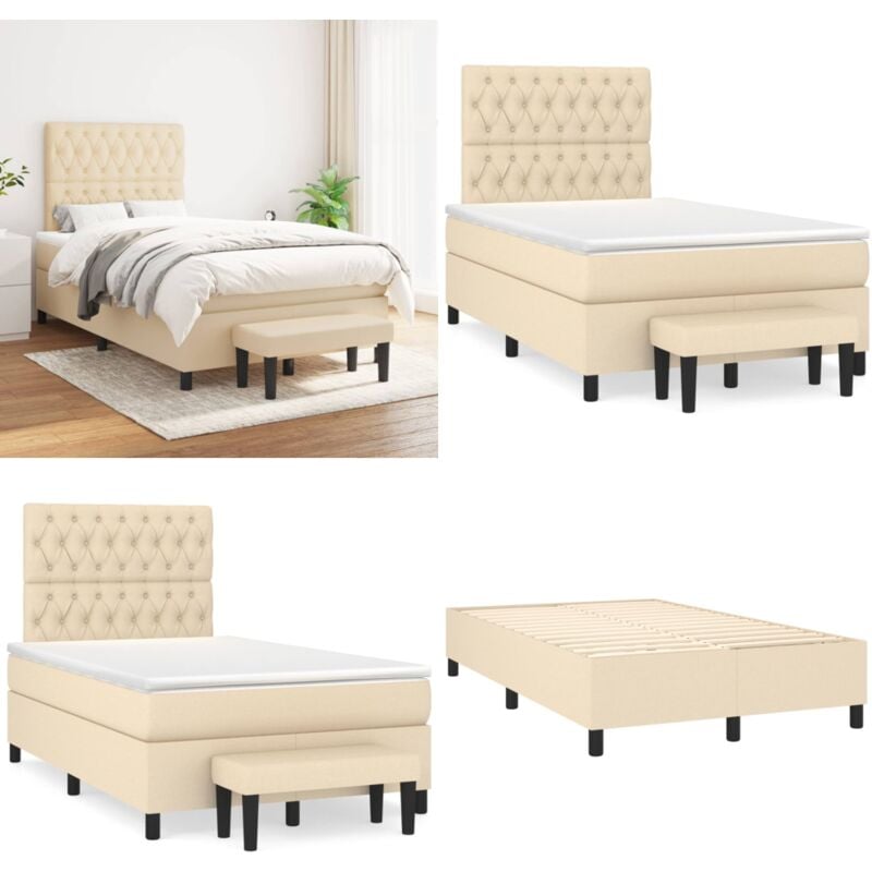Sommier à lattes de lit avec matelas Crème 120x200 cm Tissu - Lit Plateforme - Lit Double - Matelas à Ressorts Ensachés - Têtière Ajustable - Banc
