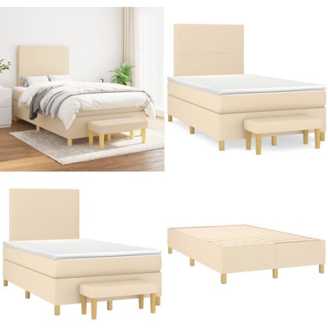 Sommier à lattes de lit avec matelas Crème 120x200 cm Tissu - Lit Plateforme - Lit Double - Matelas À Ressorts Ensachés - Têtière Ajustable - Banc Rangement - Home & Living
