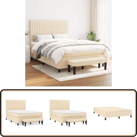 Sommier à lattes de lit avec matelas Crème 140x190 cm Tissu - Lit Plateforme - Lit Double - Matelas À Ressorts Ensachés - Têtière Ajustable - Banc Rangement