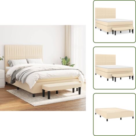 Sommier à lattes de lit avec matelas Crème 140x190 cm Tissu - Lit Plateforme - Lit Double - Matelas À Ressorts Ensachés - Têtière Ajustable - Banc Rangement