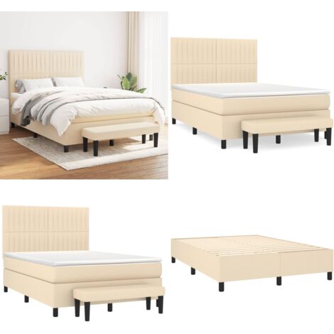 Sommier à lattes de lit avec matelas Crème 140x190 cm Tissu - Lit Plateforme - Lit Double - Matelas À Ressorts Ensachés - Têtière Ajustable - Banc Rangement - Home & Living