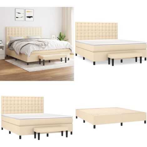 Sommier à lattes de lit avec matelas Crème 180x200 cm Tissu - Lit Plateforme - Lit Double - Matelas À Ressorts Ensachés - Têtière Ajustable - Banc Rangement - Home & Living