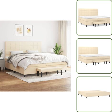 Sommier à lattes de lit avec matelas Crème 200x200 cm Tissu - Lit Plateforme - Lit Double - Matelas À Ressorts Ensachés - Têtière Ajustable - Banc Rangement
