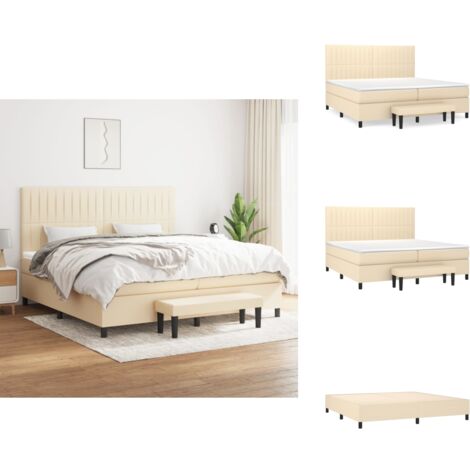 Sommier à lattes de lit avec matelas Crème 200x200 cm Tissu - Lit Plateforme - Lit Double - Matelas À Ressorts Ensachés - Têtière Ajustable - Banc Rangement