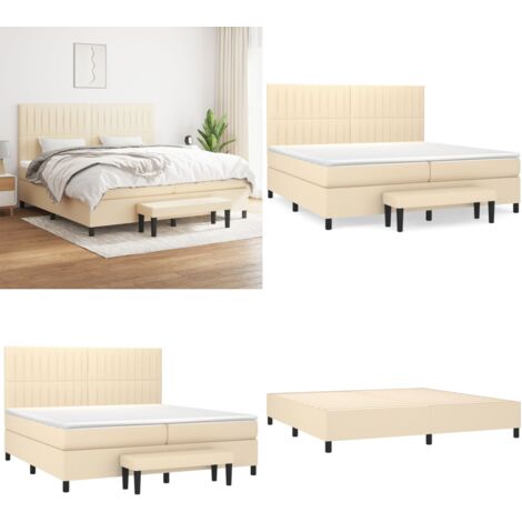 Sommier à lattes de lit avec matelas Crème 200x200 cm Tissu - Lit Plateforme - Lit Double - Matelas À Ressorts Ensachés - Têtière Ajustable - Banc Rangement - Home & Living