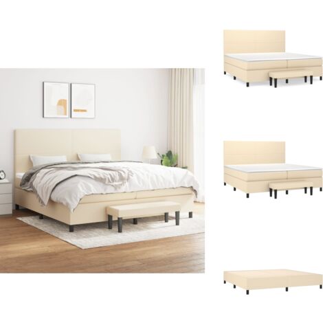 Sommier à lattes de lit avec matelas Crème 200x200 cm Tissu - Lit Plateforme - Lit Double - Matelas Ressorts Ensachés - Têtière Ajustable - Banc Rangement