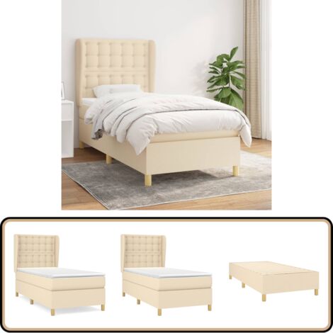 Sommier à lattes de lit avec matelas Crème 90x200 cm Tissu - Lit Plateforme - Lit Double - Literie - Matelas À Ressorts Ensachés - Têtière Ajustable