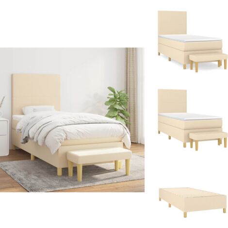 Sommier à lattes de lit avec matelas Crème 90x200 cm Tissu - Lit Plateforme - Lit Double - Literie - Matelas À Ressorts Ensachés - Têtière Ajustable