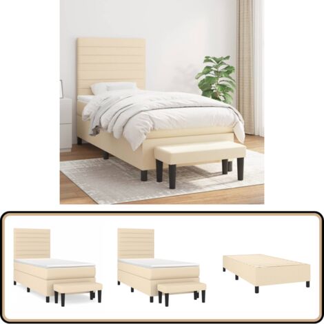 Sommier à lattes de lit avec matelas Crème 90x200 cm Tissu - Lit Plateforme - Lit Double - Literie - Matelas À Ressorts Ensachés - Têtière Ajustable