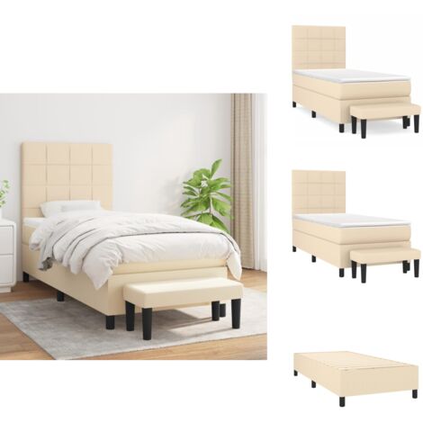 Sommier à lattes de lit avec matelas Crème 90x200 cm Tissu - Lit Plateforme - Lit Double - Matelas À Ressorts Ensachés - Têtière Ajustable - Banc Rangement