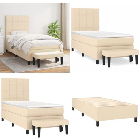 Sommier à lattes de lit avec matelas Crème 90x200 cm Tissu - Lit Plateforme - Lit Double - Matelas À Ressorts Ensachés - Têtière Ajustable - Banc Rangement - Home & Living