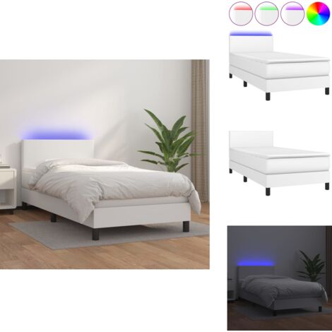 Sommier à lattes de lit avec matelas et LED Blanc 90x200cm - Lit Plateforme - Lit Design - Lit Moderne - Lit Capitonné - Lit Avec Rangement