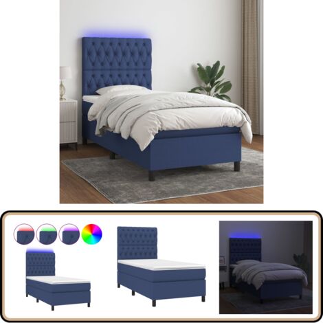 Sommier à lattes de lit avec matelas et LED Bleu 90x190cm Tissu - Lit Plateforme - Lit Design - Lit Moderne - Lit Avec Rangement - Lit Double