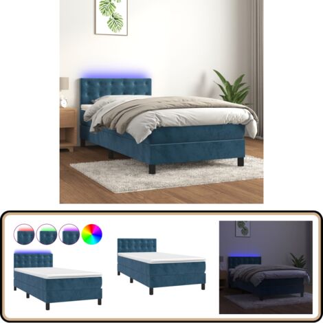Sommier à lattes de lit avec matelas et LED Bleu foncé 90x190cm - Lit Plateforme - Lit Capitonné - Lit Design - Lit Moderne - Lit Velours