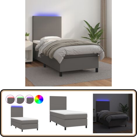 Sommier à lattes de lit avec matelas et LED Gris 90x190 cm - Lit Plateforme - Lit Design - Lit Moderne - Lit Capitonné - Lit Avec Rangement