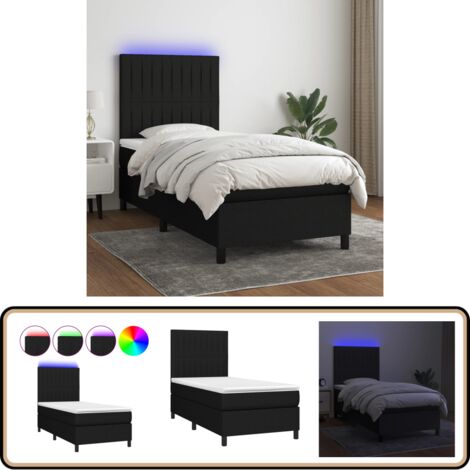 Sommier à lattes de lit avec matelas et LED Noir 90x200cm Tissu - Sommier Tapissier - Lit Plateforme - Lit Avec Led - Matelas À Ressorts Ensachés - Têtière Ajustable