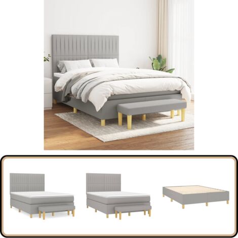 Sommier à lattes de lit avec matelas Gris clair 140x190cm Tissu - Lit Double - Lit Plateforme - Matelas Ressorts Ensachés - Têtière Ajustable - Banc Rangement
