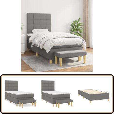 Sommier à lattes de lit avec matelas Gris foncé 90x200 cm Tissu - Lit Plateforme - Lit Double - Literie - Matelas À Ressorts Ensachés - Têtière Ajustable
