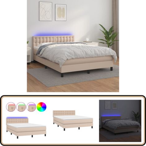 Sommier à lattes de lit avec matelas LED Cappuccino 140x190 cm - Lit Capitonné - Lit Design - Lit Avec Rangement - Tête De Lit Ajustable - Matelas À Ressorts Ensachés