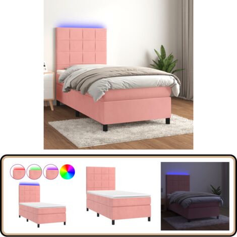 Sommier à lattes de lit avec matelas LED Rose 90x200 cm Velours - Sommier Tapissier - Lit Plateforme - Lit Avec Rangement - Lit Design - Lit Double