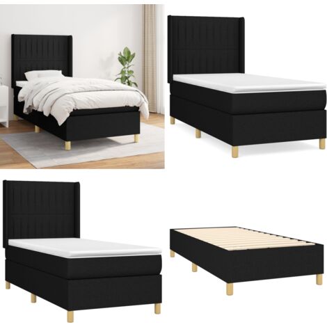Sommier à lattes de lit avec matelas Noir 100x200 cm Tissu - Lit Double - Lit Tapissier - Literie - Matelas À Ressorts Ensachés - Tête De Lit Ajustable - Home & Living