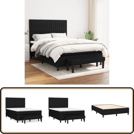 Sommier à lattes de lit avec matelas Noir 140x190 cm Tissu - Lit Double - Lit Plateforme - Matelas Ressorts Ensachés - Têtière Ajustable - Banc Rangement