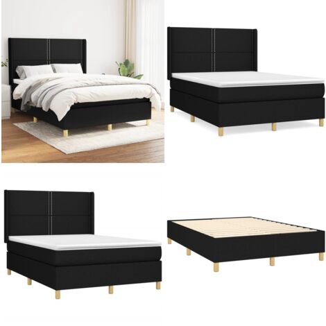 Sommier à lattes de lit avec matelas Noir 140x190 cm Tissu - Lit Double - Lit Tapissier - Literie - Matelas À Ressorts Ensachés - Tête De Lit Ajustable - Home & Living