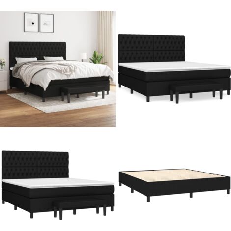 Sommier à lattes de lit avec matelas Noir 180x200 cm Tissu - Lit Double - Lit Plateforme - Matelas Ressorts Ensachés - Têtière Ajustable - Banc Rangement - Home & Living