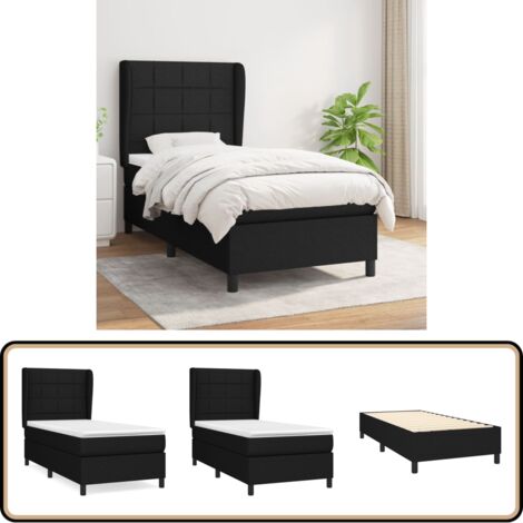 Sommier à lattes de lit avec matelas Noir 90x200 cm Tissu - Lit Double - Lit Tapissier - Literie - Matelas Ressorts Ensachés - Tête De Lit Ajustable