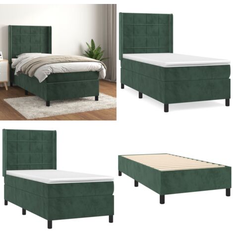 Sommier à lattes de lit avec matelas Vert foncé 100x200 cm - Lit Tapissier - Lit Velours - Lit Double - Literie - Chambre À Coucher - Home & Living